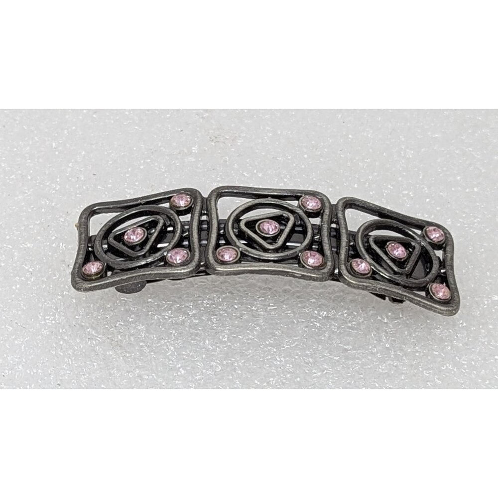 Vintage Metal Hair Clip With Pink Rhinestones 3.25" X 1"